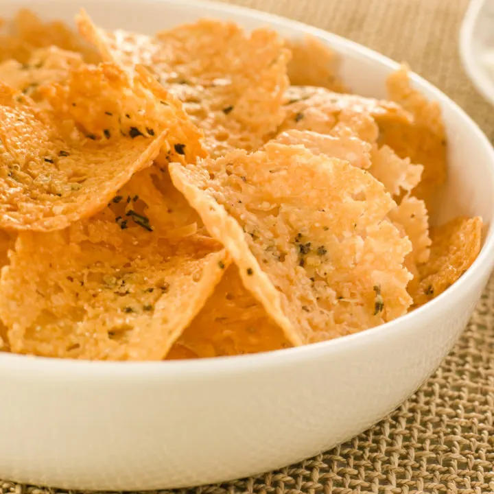 Keto-friendly cheese chips in a bowl