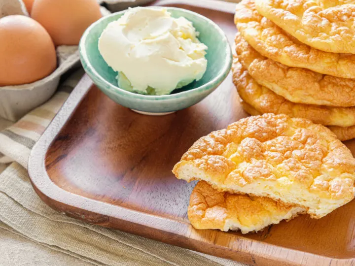 gluten-free cloud bread on a wooden tray