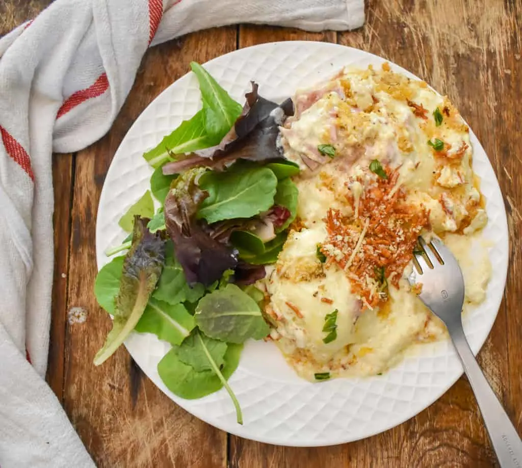 keto chicken cordon bleu casserole served with salad