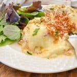 keto chicken cordon bleu casserole served with salad up close