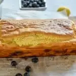 keto blueberry lemon bread resting on a baking rack