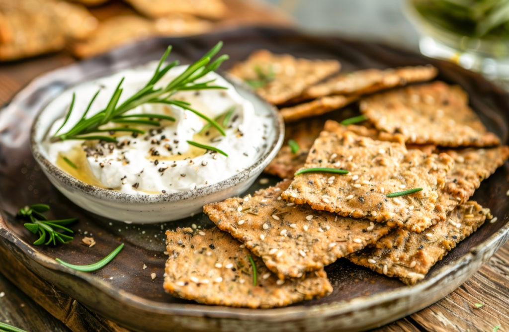 Low-carb crackers served with labneh keto cheese