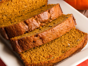 Keto pumpkin high fiber bread sliced on a white plate