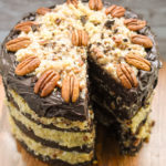 low carb German chocolate cake with a slice removed