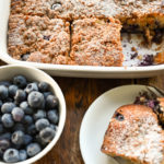 keto blueberry buckle cake sliced and served