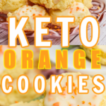 keto orange cookies close up image of them stacked on a pink and green plate