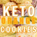 keto orange cookies close up image of them stacked on a pink and green plate