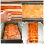 keto kielbasa cornbread process pictures that include the batter with the sausage, with the shredded cheese, baked in a rectangle loaf and sliced on a white plater