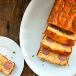 ow-carb kielbasa cornbread sliced on a white plater