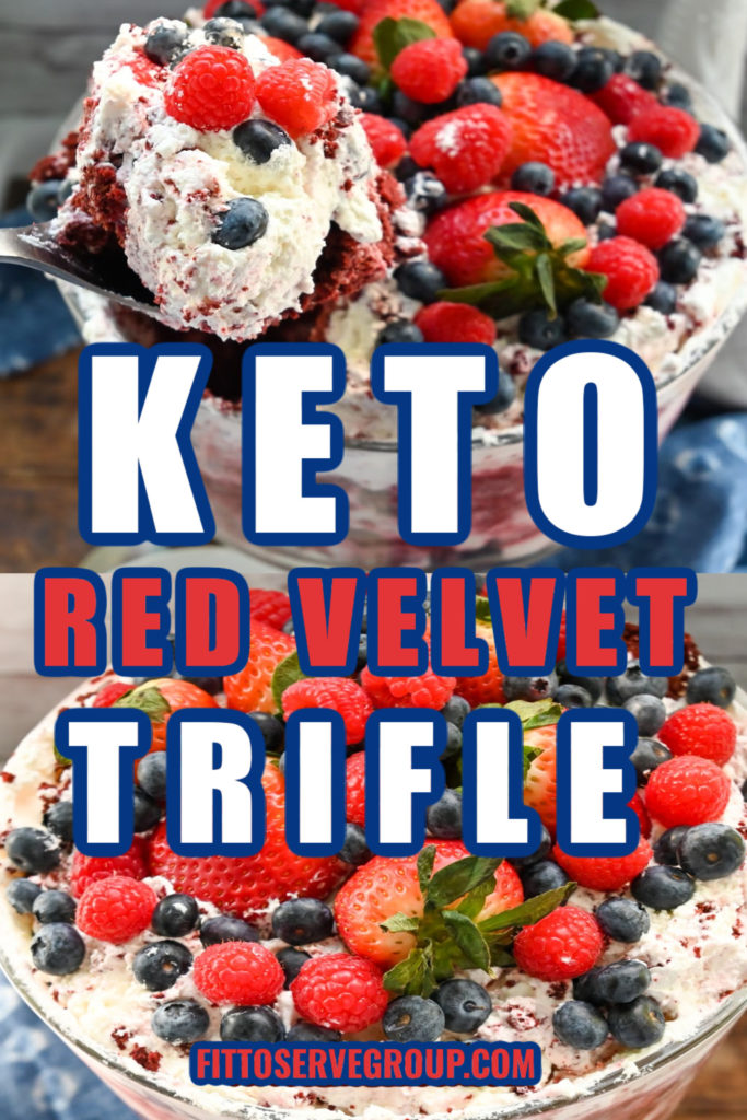 Indulge in this decadent keto red velvet trifle, featuring luscious layers of moist red velvet cake, creamy homemade whipped cream, and a medley of fresh strawberries, blueberries, and raspberries. This festive and delicious dessert is perfect for those following a low-carb, gluten-free, or sugar-free diet. #ketotrifles