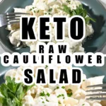 keto raw cauliflower served in a teal plate with a marble background