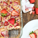 keto strawberry rhubarb coffee cake in a clear rectangle pan