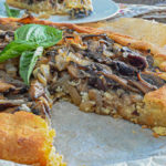 keto mushroom galette close up with slice removed_