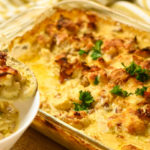 keto roasted cauliflower mac and cheese being served in a small white plate