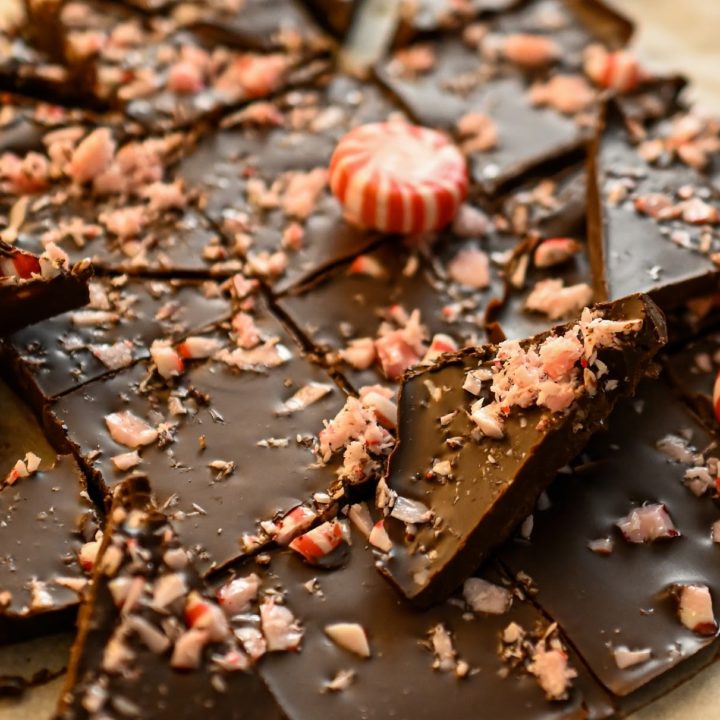 Low carb chocolate peppermint bark cut into pieces