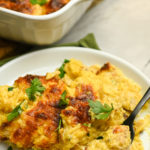 keto Chicken Alfredo Baked in a white rectangle pan