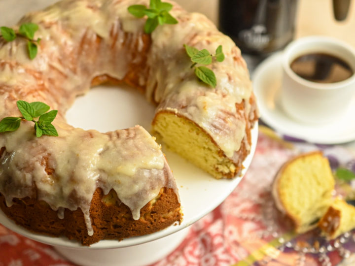 keto butter cake with a slice missing