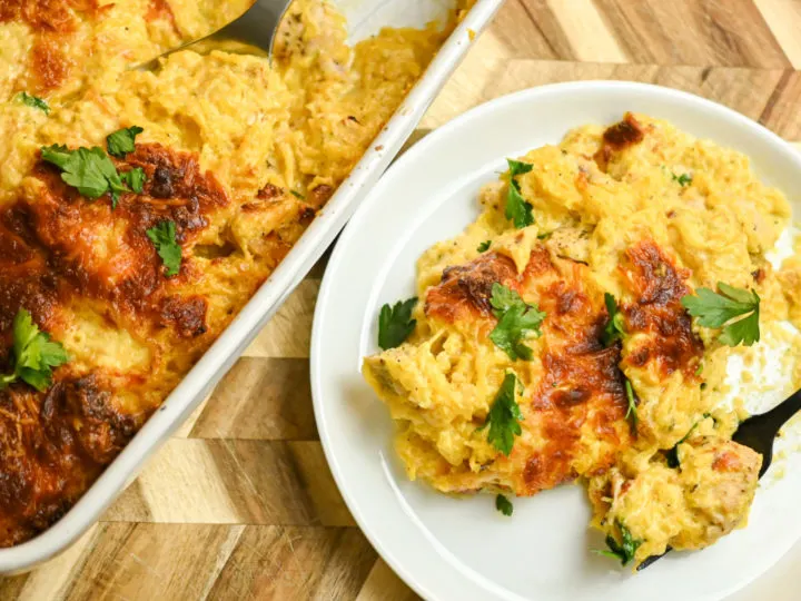 keto chicken Alfredo casserole served on a small white plate