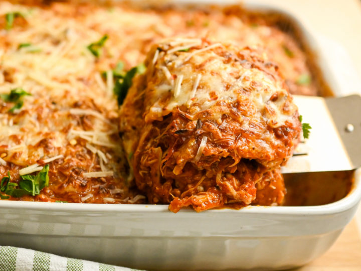 keto chicken lasagna baked in a white dish
