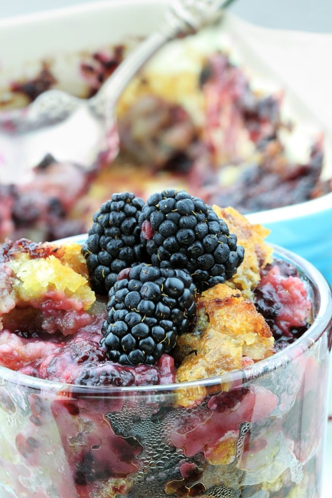 keto blackberry cobbler served in a clear dessert cup