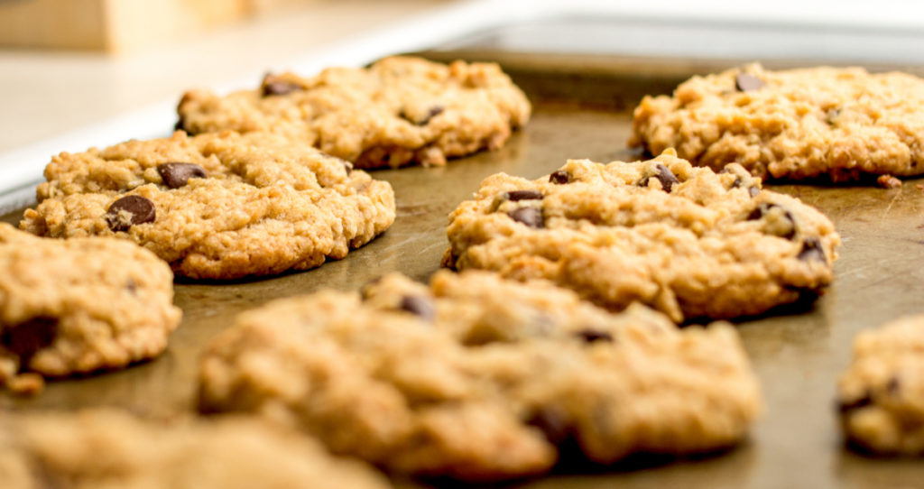 Freshly baked low-carb oatmeal chocolate chip cookies