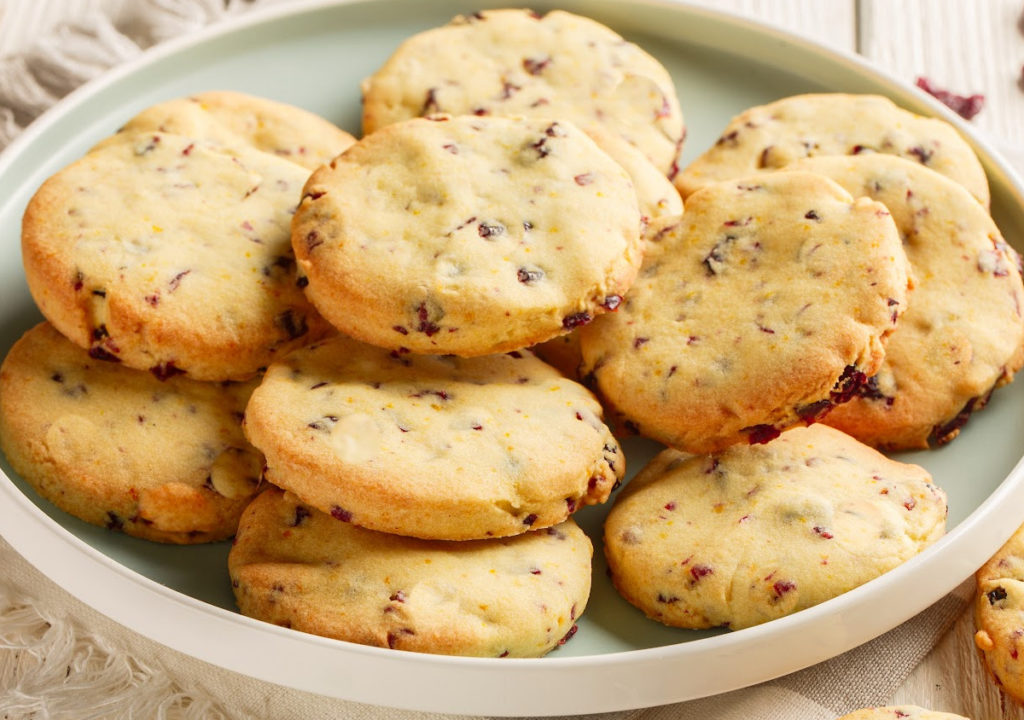 keto cranberry shortbread cookies served on a cookie platter