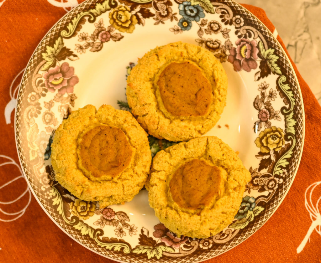 Three keto pumpkin pie cookies served on a dessert plate