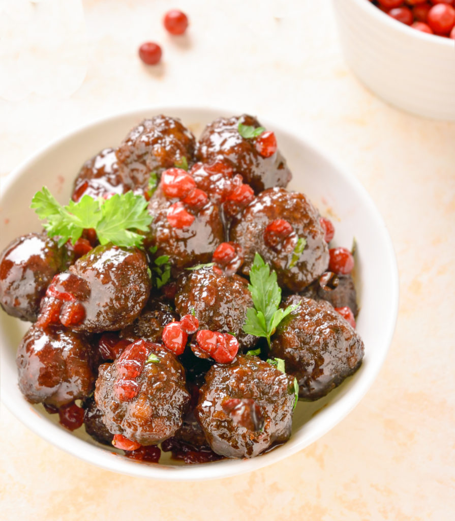 low-carb cranberry meatballs served in a bowl